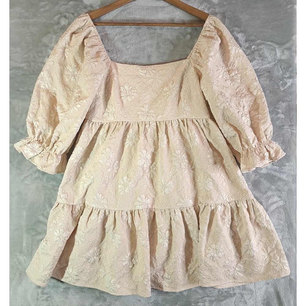 Entro Floral Jacquard Tiered Babydoll Mini Dress Large Cream White Cottagecore